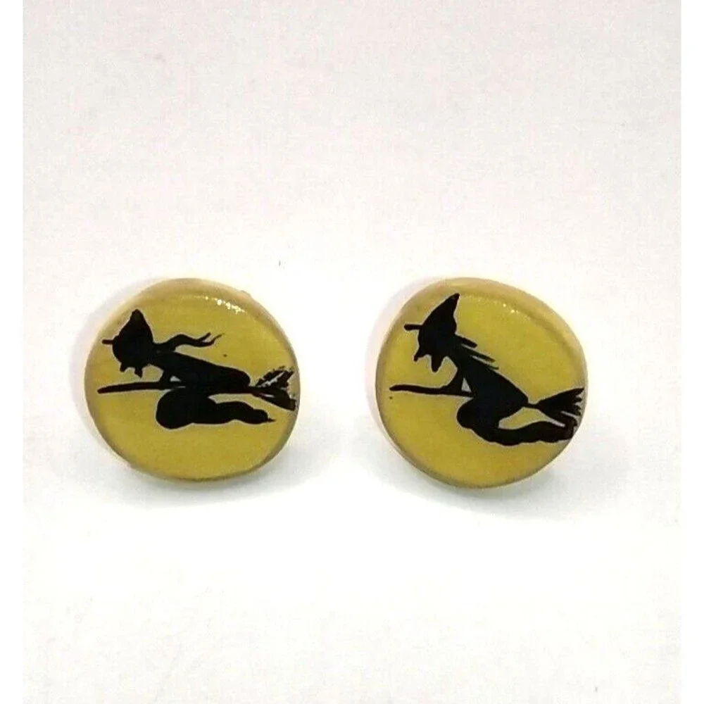 Halloween Witch Pierced Earrings Ceramic Silhouette on Yellow Background Round
